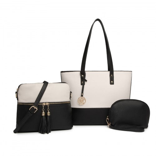 LG2023 - Miss Lulu Elegant 3-Piece Leather Look Tote Bag Set - Versatile & Chic for Every Occasion - Black And Beige | Neil's Luggage Store