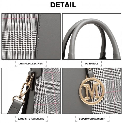 LG2001 - Miss Lulu Gingham Plaid Panel Shoulder Bag - Grey | Neil's Luggage Store
