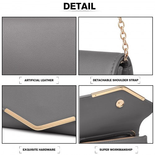 Miss Lulu Vegan Envelope Clutch Bag Grey With Gold Tone Hardware PU Leather Evening Purse Detachable Gold Chain | Neil's Luggage Store