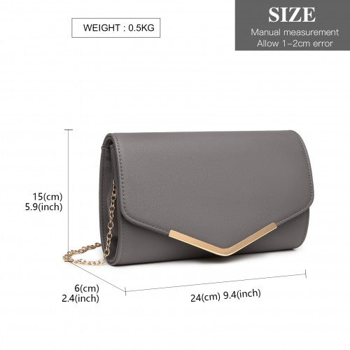 Miss Lulu Vegan Envelope Clutch Bag Grey With Gold Tone Hardware PU Leather Evening Purse Detachable Gold Chain | Neil's Luggage Store