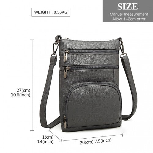 LB6927 - Miss Lulu Multi Pocket Leather Look RFID-Blocking Cross Body Bag - Grey | Neil's Luggage Store