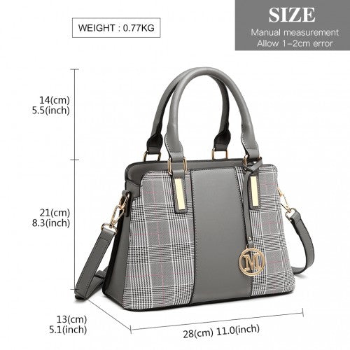 LG2001 - Miss Lulu Gingham Plaid Panel Shoulder Bag - Grey | Neil's Luggage Store