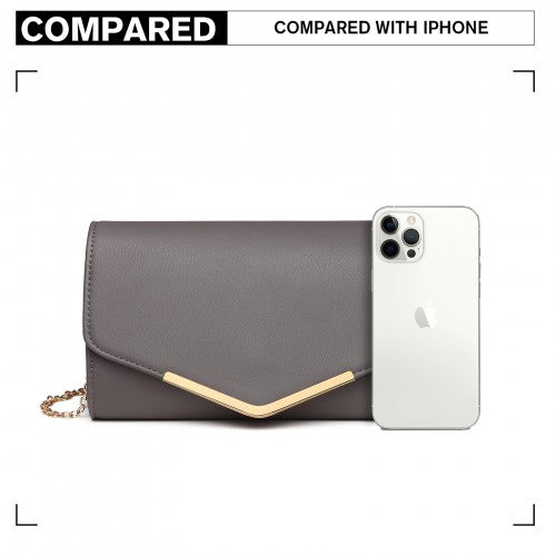 Miss Lulu Vegan Envelope Clutch Bag Grey With Gold Tone Hardware PU Leather Evening Purse Detachable Gold Chain | Neil's Luggage Store