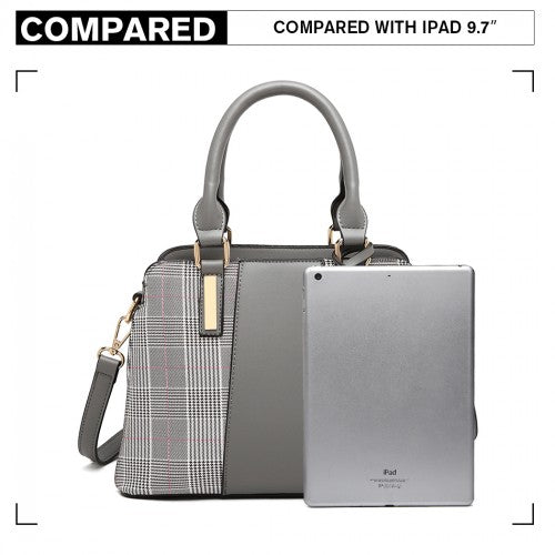 LG2001 - Miss Lulu Gingham Plaid Panel Shoulder Bag - Grey | Neil's Luggage Store