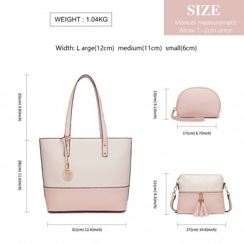 LG2023 - Miss Lulu Elegant 3-Piece Leather Look Tote Bag Set - Versatile & Chic for Every Occasion - Pink And Beige | Neil's Luggage Store