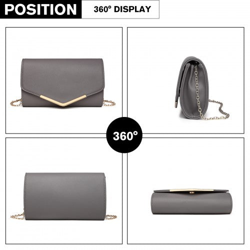 Miss Lulu Vegan Envelope Clutch Bag Grey With Gold Tone Hardware PU Leather Evening Purse Detachable Gold Chain | Neil's Luggage Store