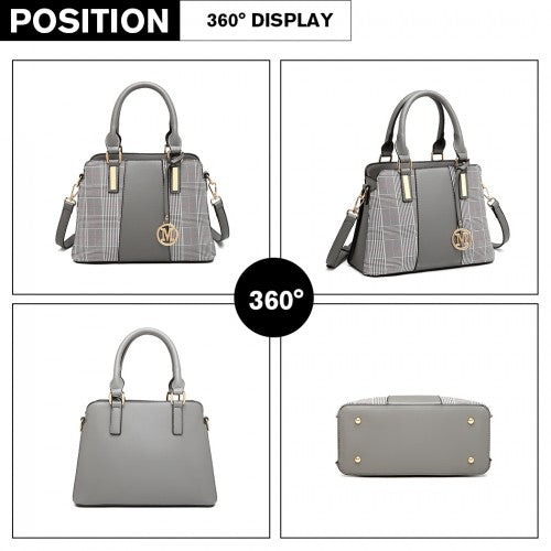 LG2001 - Miss Lulu Gingham Plaid Panel Shoulder Bag - Grey | Neil's Luggage Store