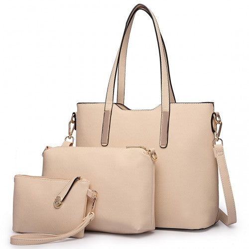 LT6648 - Miss Lulu Three Piece Tote Shoulder Bag And Clutch - Beige | Neil's Luggage Store
