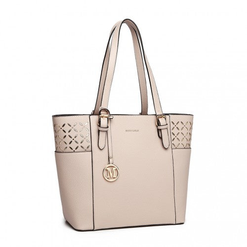 LG1943 - MISS LULU LASER CUT OUT TOTE SHOPPER BAG - BEIGE | Neil's Luggage Store