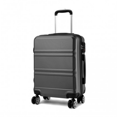 Kono ABS 20 inch grey cabin luggage with sculpted horizontal design, four swivel wheels, telescopic handle, and TSA lock