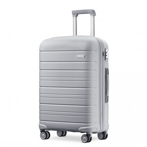 Kono 28 inch grey hard shell suitcase with multi texture design, four swivel wheels, telescopic handle, and TSA lock.