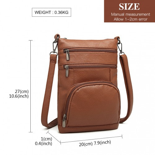 LB6927 - Miss Lulu Multi Pocket Leather Look RFID-Blocking Cross Body Bag - Brown | Neil's Luggage Store