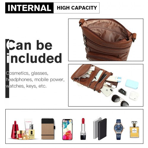 LB6927 - Miss Lulu Multi Pocket Leather Look RFID-Blocking Cross Body Bag - Brown | Neil's Luggage Store