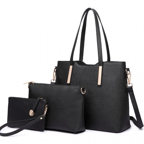 LT6648 - Miss Lulu Three Piece Tote Shoulder Bag And Clutch - Black - Neils Luggage Store