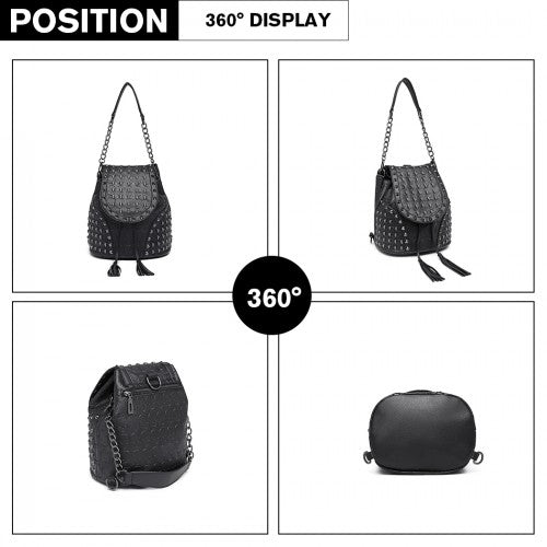 L1414 - Miss Lulu Skull Studded Backpack Shoulder Bag - Black | Neil's Luggage Store