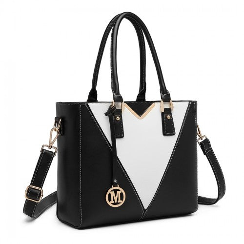 LG1641 - Miss Lulu Leather Look V-Shape Shoulder Handbag - Black | Neil's Luggage Store