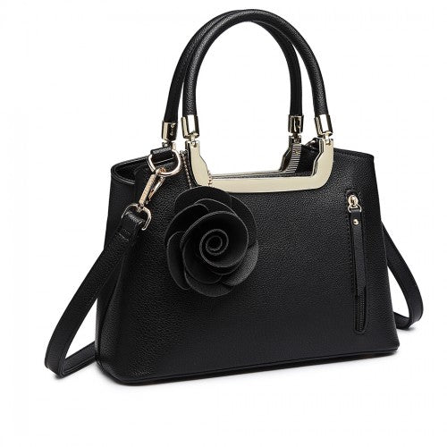 LG1847 - MISS LULU PU LEATHER ROSE HANGING ORNAMENT HANDBAG - BLACK | Neil's Luggage Store