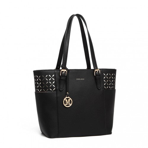 LG1943 - MISS LULU LASER CUT OUT TOTE SHOPPER BAG - BLACK | Neil's Luggage Store