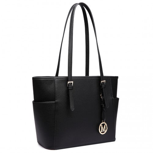 LM1642-1 - Miss Lulu Faux Leather Adjustable Handle Tote Bag - Black | Neil's Luggage Store