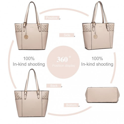 LG1943 - MISS LULU LASER CUT OUT TOTE SHOPPER BAG - BEIGE | Neil's Luggage Store