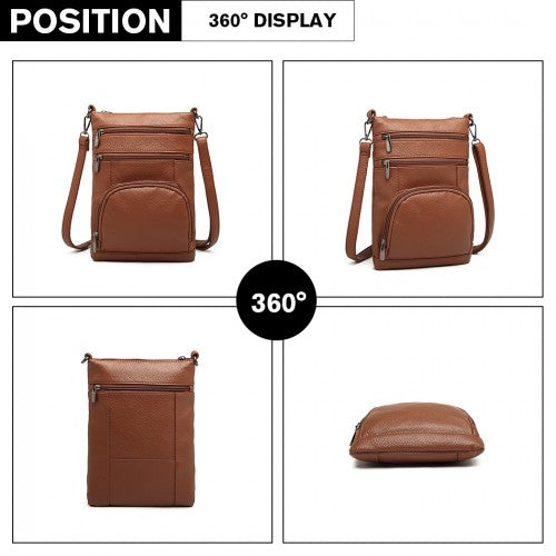 LB6927 - Miss Lulu Multi Pocket Leather Look RFID-Blocking Cross Body Bag - Brown | Neil's Luggage Store