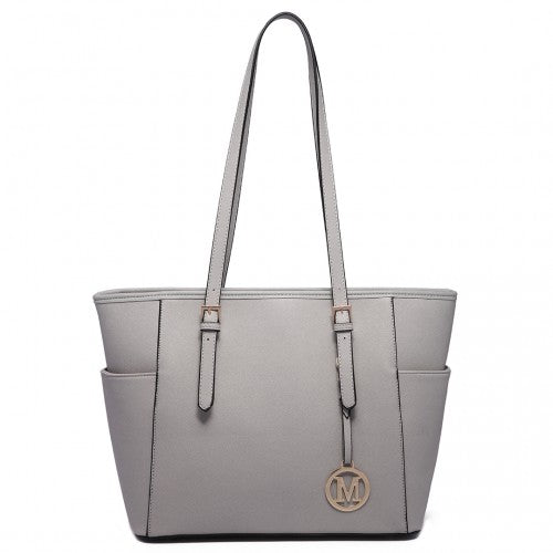 LM1642-1 - Miss Lulu Faux Leather Adjustable Handle Tote Bag - Light Grey | Neil's Luggage Store