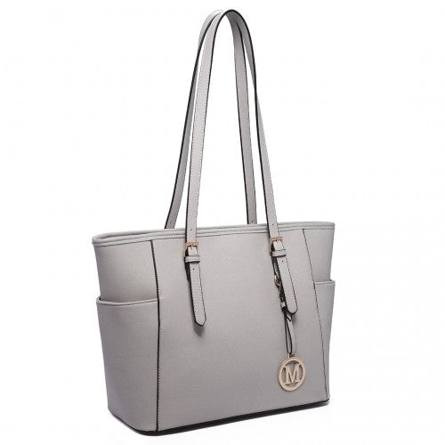 LM1642-1 - Miss Lulu Faux Leather Adjustable Handle Tote Bag - Light Grey | Neil's Luggage Store
