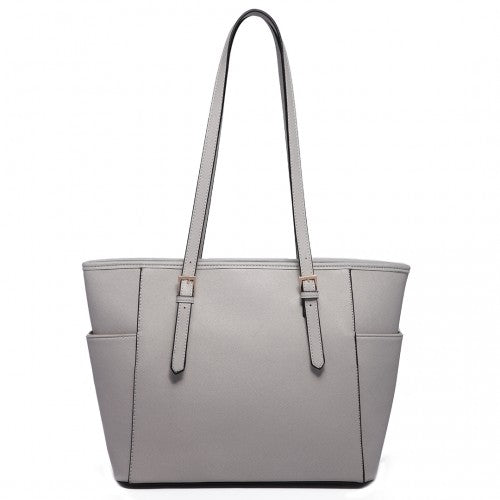 LM1642-1 - Miss Lulu Faux Leather Adjustable Handle Tote Bag - Light Grey | Neil's Luggage Store