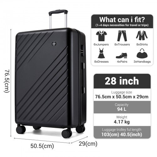 KSK2585 - Kono 28 Inch Large ABS+PC Hard Shell Checked Luggage, Spacious Diagonal Stripe Travel Suitcase with Silent Wheels & Combination Lock - Black