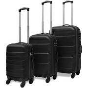 vidaXL black three piece hardcase trolley set with wheeled suitcases of varying sizes.
