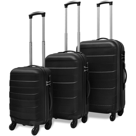 vidaXL black three piece hardcase trolley set with wheeled suitcases of varying sizes.
