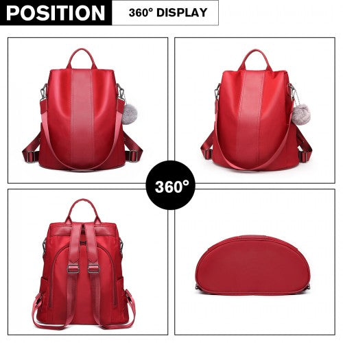 LG1903 - Miss Lulu Two Way Backpack Shoulder Bag with Pom Pom Pendant - Red | Neil's Luggage Store