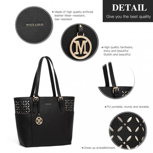 LG1943 - MISS LULU LASER CUT OUT TOTE SHOPPER BAG - BLACK | Neil's Luggage Store