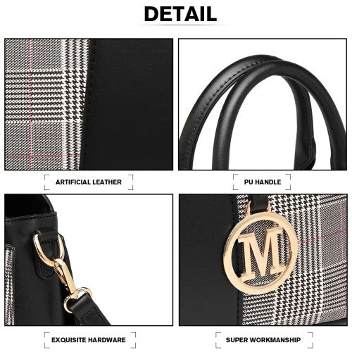 LG2001 - Miss Lulu Gingham Plaid Panel Shoulder Bag - Black | Neil's Luggage Store