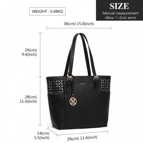 LG1943 - MISS LULU LASER CUT OUT TOTE SHOPPER BAG - BLACK | Neil's Luggage Store