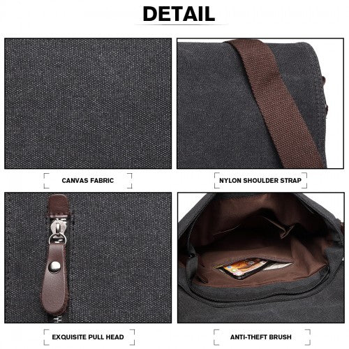 E1824-1 - Kono RFID-Blocking Retro Style Canvas Cross Body Messenger Bag - Black | Neil's Luggage Store