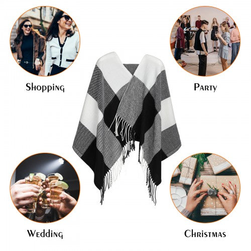 S6430 - Women Fashion Long Shawl Grid Tassel Winter Warm Lattice Large Scarf - Black | Neil's Luggage Store