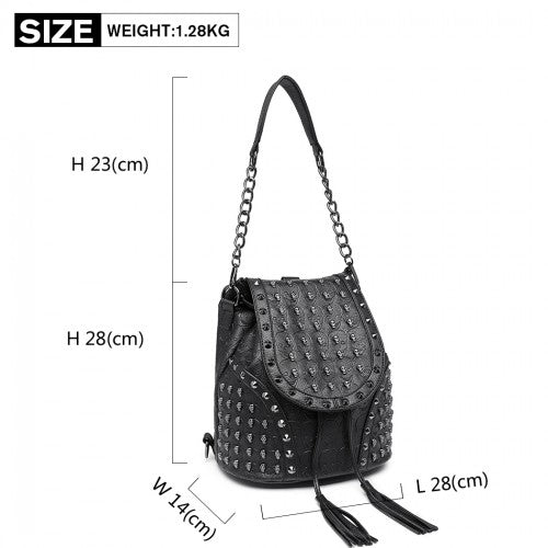 L1414 - Miss Lulu Skull Studded Backpack Shoulder Bag - Black | Neil's Luggage Store