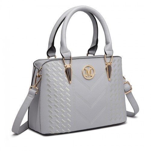 LG6865 - Miss Lulu Leather Look Weave Effect Shoulder Bag - Light Grey | Neil's Luggage Store