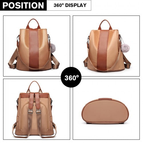 LG1903 - Miss Lulu Two Way Backpack Shoulder Bag with Pom Pom Pendant - Brown | Neil's Luggage Store