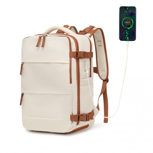 EQ2344 - Kono Multi-Functional Breathable Travel Backpack With USB Charging Port And Separate Shoe Compartment - Beige And Brown | Neil's Luggage Store