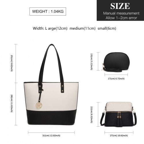 LG2023 - Miss Lulu Elegant 3-Piece Leather Look Tote Bag Set - Versatile & Chic for Every Occasion - Black And Beige | Neil's Luggage Store