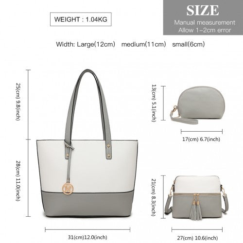 LG2023 - Miss Lulu Elegant 3-Piece Leather Look Tote Bag Set - Versatile & Chic for Every Occasion - Grey And White | Neil's Luggage Store