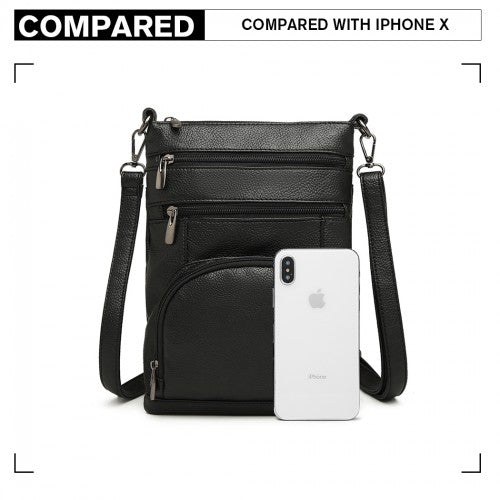 LB6927 - Miss Lulu Multi Pocket Leather Look RFID-Blocking Cross Body Bag - Black | Neil's Luggage Store