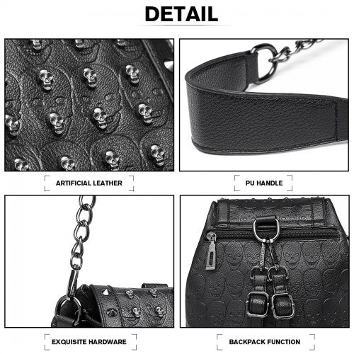 L1414 - Miss Lulu Skull Studded Backpack Shoulder Bag - Black | Neil's Luggage Store