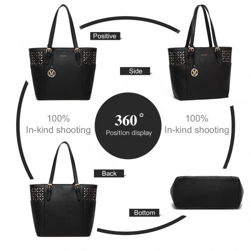 LG1943 - MISS LULU LASER CUT OUT TOTE SHOPPER BAG - BLACK | Neil's Luggage Store