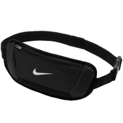 Nike Challenger waist bag in black with zippered pocket, adjustable buckle belt, and mesh back for jogging and training.
