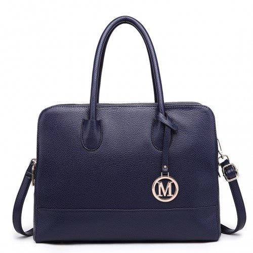LT1726 - Miss Lulu Textured PU Leather Medium Size Classic Tote Bag Shoulder Bag Navy | Neil's Luggage Store