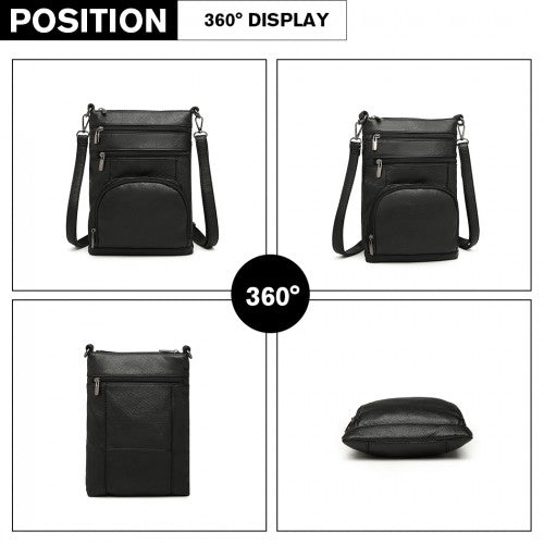 LB6927 - Miss Lulu Multi Pocket Leather Look RFID-Blocking Cross Body Bag - Black | Neil's Luggage Store