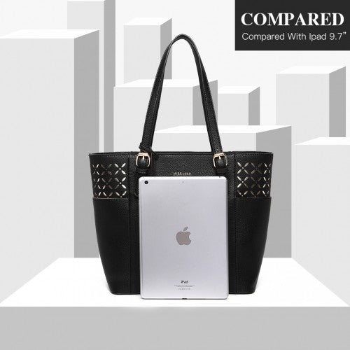 LG1943 - MISS LULU LASER CUT OUT TOTE SHOPPER BAG - BLACK | Neil's Luggage Store